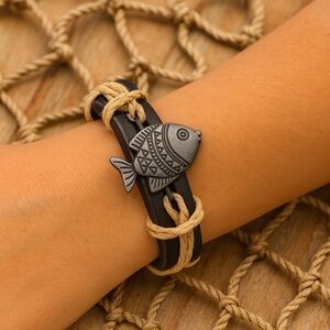 Angelfish Black and Silver Leather Bracelet with Unique Design